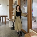 Plus-size women's autumn new style French tea dress, elegant, waist-slimming, tummy-concealing, faux two-piece retro dress.