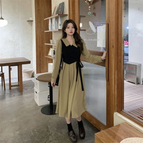 Plus-size women's autumn new style French tea dress, elegant, waist-slimming, tummy-concealing, faux two-piece retro dress.
