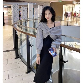 Spring/Autumn 2024 New Style Two-Piece Set: Twisted Sweatshirt Top + Suspender Dress Long Dress for Women - Sweet and Spicy