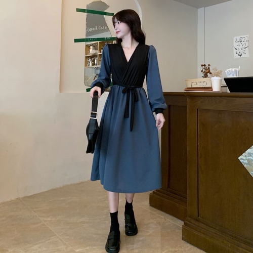 #286 Real Shot, Real Price, In Stock, New Style Bow Tie Color Block V-Neck Elegant Dress Long Skirt