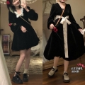 Official photos of a retro velvet little black dress for autumn and winter, suitable for plus-size women, slimming, petite women, and youthful look with a bow.