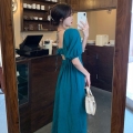 #302 Real Shot & Price (with Zipper) Summer French Square Neck Puff Sleeve Dress Women's First Love Dew