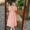 #309 Real Shot & Price: Summer New Style Beaded Collar Orange Floral Dress, Ladylike Puff Sleeve Short Sleeve