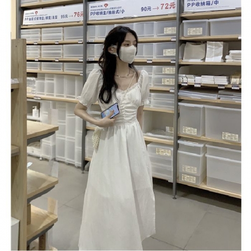 Official Images: Summer French Style Slimming Chiffon Mid-Length Slit Square Neck Short Sleeve Dress for Women