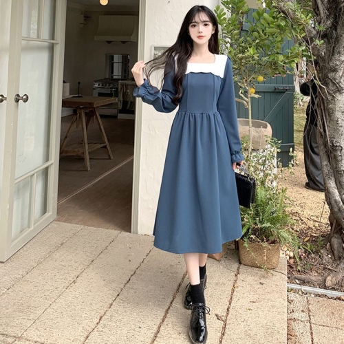 #330 Real Shot & Price 2024 Autumn/Winter New French Square Neck Patchwork Tea Dress, Slim Waist