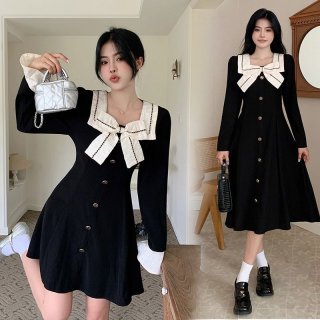 In stock, official images of a high-waisted, square-neck, long-sleeved, Korean-style A-line dress for plus-size women, perfect for autumn and winter.