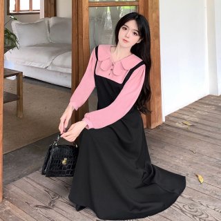 #337 Real Shot & Price: French Autumn/Winter Design Style Faux Two-Piece Peter Pan Collar Dress for Women, Slimming and Waist-Defining