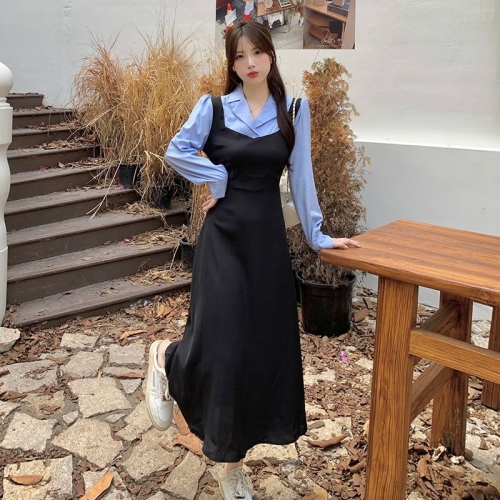 Real photos of the new autumn/winter color-blocked faux two-piece A-line long-sleeved jumpsuit with a fitted waist and tie detail, featuring a high-quality back collar.