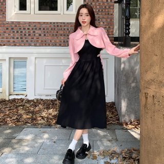 #345 Real shot of a two-piece plus-size French dress for women, slimming and elegant pink top and jacket + tie