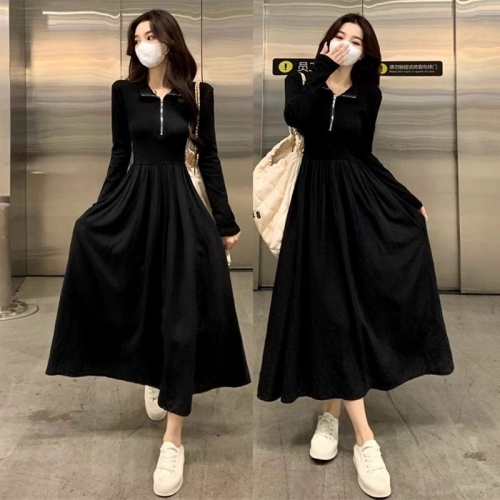 | With pockets | Black long-sleeved zip-up dress for women, 2024 autumn/winter new style, Hepburn style niche long dress