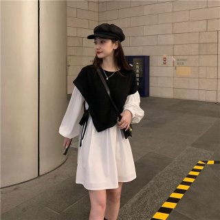 #565 Official Image & Price: Autumn/Winter New Korean Style Irregular Two-Piece Color-Blocked Lantern Sleeve Dress #565 Official Image & Price: Autumn/Winter New Korean Style Irregular Two-Piece Color-Blocked Lantern Sleeve Dress