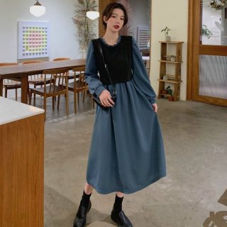 #576 Real Shot & Price: Autumn/Winter Retro Faux Two-Piece Dress, Women's Mid-Length Long Sleeve French Style