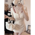[With bra pads + 260g rayon] Pure and sexy sweet and spicy girl faux two-piece printed short-sleeved dress for women with bodycon hips