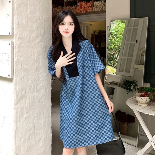 #812 Real Shot & Price Summer Plus Size Slimming Suit Collar Checkered Dress Women's Loose Patchwork Skirt