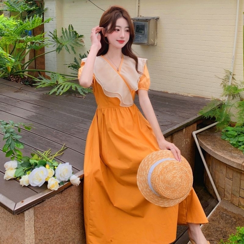 #819 Official Image & Price: Women's French Hepburn Style Ruffled Neckline, One Color, Youthful and Slimming Mid-Length Dress