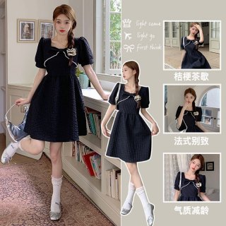 #820 Real Shot & Price: Pearl Trim Custom Bow Waist-cinching Slimming Hepburn Style French Dress for Women