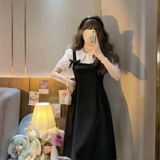 #823 Real Shot & Price Summer New Arrival College Style Korean French Retro Faux Two-Piece Bow Short Sleeve