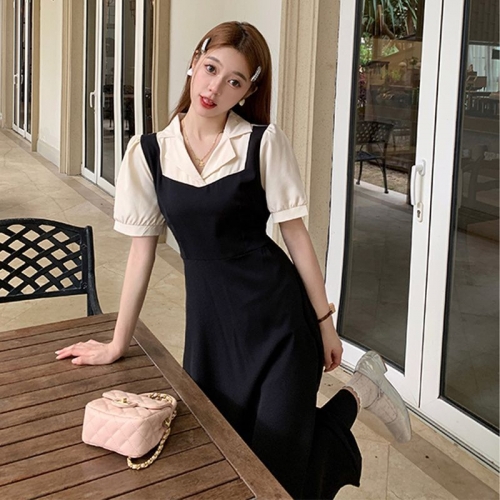 #825 [Back Collar Workmanship] Real Photos & Price: New Color-Blocked Faux Two-Piece Fitted Waist Tie A-Line