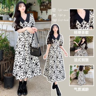 #827 Real Shot & Price 2025 French Retro Floral Dress V-neck Waist-cinching Puff Sleeves Tea Dress
