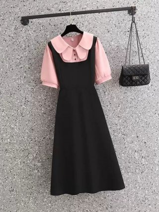 #831 Official Image & Price: Plus Size Women's Summer Clothing for Curvy Women - French Peter Pan Collar, Faux Two-Piece Style, Fashionable Waist-Slimming