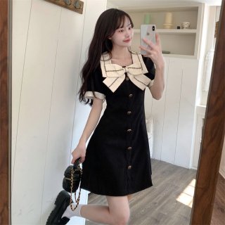 [Ready to Receive Immediately After Listing] Official Image Spring/Summer Plus Size High-Waisted Bow-Tie Square Neck Short-Sleeve Dress for Women