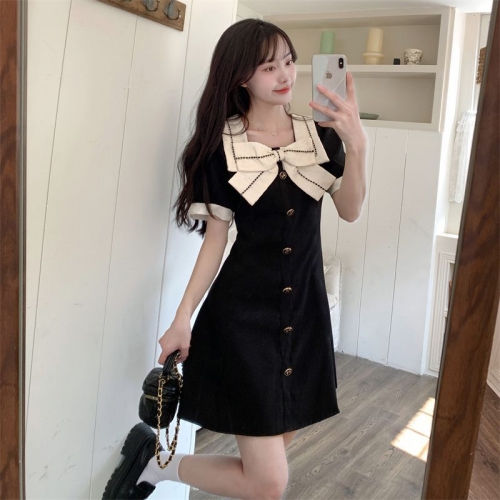 [Ready to Receive Immediately After Listing] Official Image Spring/Summer Plus Size High-Waisted Bow-Tie Square Neck Short-Sleeve Dress for Women