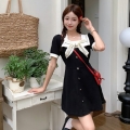 [Ready to Receive Immediately] Real Photos of Spring/Summer Plus Size Women's High-Waisted Bow-Tie Square Neck Short-Sleeve Dress