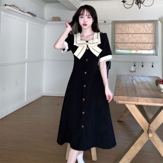 [Ready to Receive Immediately After Listing] Official Image Spring/Summer Plus Size High-Waisted Bow-Tie Square Neck Short-Sleeve Dress for Women