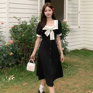 [Ready to Receive Immediately] Real Photos of Spring/Summer Plus Size Women's High-Waisted Bow-Tie Square Neck Short-Sleeve Dress