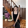 Official photos show a Hong Kong style sweet girl versatile dress with knit patchwork, elegant puffy solid color slim sleeveless vest dress.