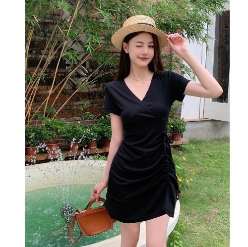 Real photos of the 2025 summer new style little black dress: slim fit, drawstring waist, pleated fishtail dress with a stylish design.