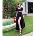 Real photos of in-stock black square neck hollowed-out bubble short-sleeved dress for women, summer niche design, slit, slimming long dress.