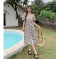 Real photos of a chic and exquisite French-style polka dot puff sleeve dress, a new summer 2025 women's long dress.
