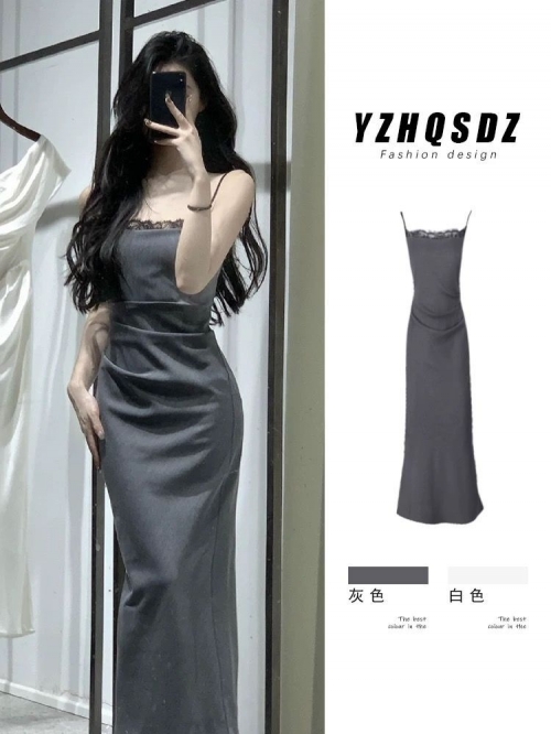 Grey heiress style suspender dress, summer long dress, lace patchwork, pleated, sexy and alluring bodycon skirt.