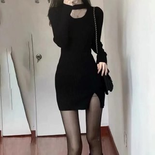 Pure and alluring bodycon skirt, 2025 spring and autumn new style, high elasticity, elegant and slim fit, nightclub cutout sexy black dress
