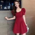 Summer Korean style women's dress with a slim waist, sexy square neck, puff sleeves, and elegant style.