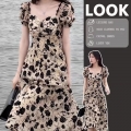 French Hepburn style dried rose short-sleeved floral dress for women, summer style, pear-shaped figure, elegant and slim long dress