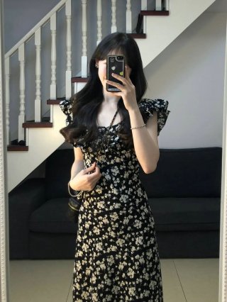 2025 Summer New French Style Black Floral Print Tea Dress, High-Quality Texture, Slim Waist, Long Dress for Women