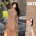 Women's slip dress, 2025 summer French sexy V-neck high waist slit chiffon irregular long skirt floral print