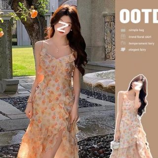 Women's slip dress, 2025 summer French sexy V-neck high waist slit chiffon irregular long skirt floral print