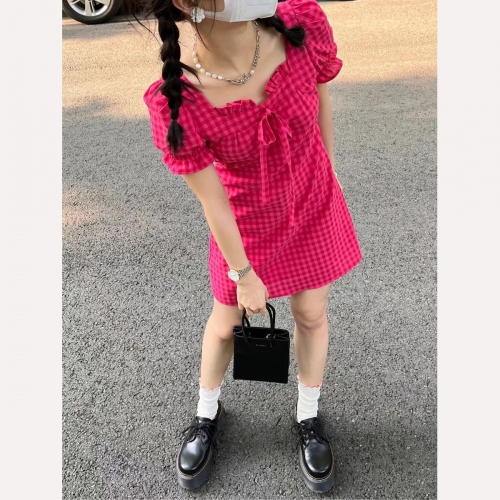 Raspberry Red Dress, Short Skirt, 2025 New Summer High-Waisted Rose Red Plaid Skirt, Petite Sweet and Spicy