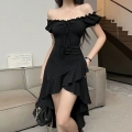 Black ruffled irregular dress, new summer style, off-shoulder, waist-cinching, sexy halter neck tie dress.