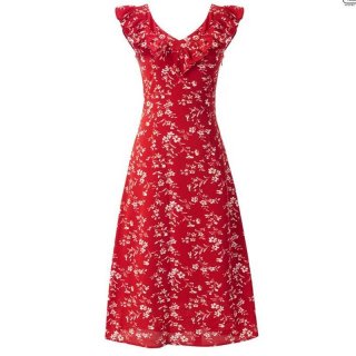 2025 New French Retro Red Floral Print V-Neck Ruffled Waist Tie-Waist Slimming Sundress with Elegant Style