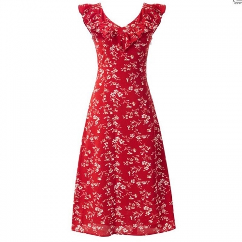 2025 New French Retro Red Floral Print V-Neck Ruffled Waist Tie-Waist Slimming Sundress with Elegant Style