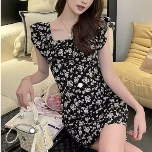 Women's Summer New Slim Fit Bodycon Mini Skirt, Sweet and Spicy, Sexy Off-Shoulder Floral Dress
