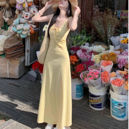 2025 New French Style Super Cute and Unique Floral Print Spaghetti Strap Dress - Trendy This Year for Student Women