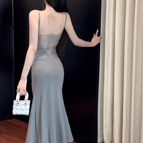 Sexy backless halter dress, women's summer style, elegant slim fit, bodycon skirt with slit and cinched waist, alluring fishtail maxi skirt.