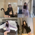 Purple sexy hooded dress, slim-fitting bodycon skirt, pleated long-sleeved dress for women, perfect for autumn.