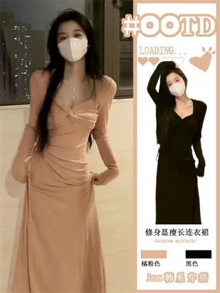 Sweet and spicy dress, new spring and autumn style, 2025 women's clothing, tea break style, French-style waist-cinching long dress, spring wear.