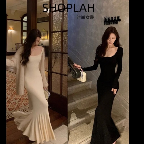Black long-sleeved dress for women, new autumn 2025 style, high-end fishtail, waist-cinching, sexy, revealing back and hips.